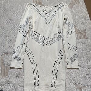 Bebe White Asymmetrical Bodycon Dress with Embellishments